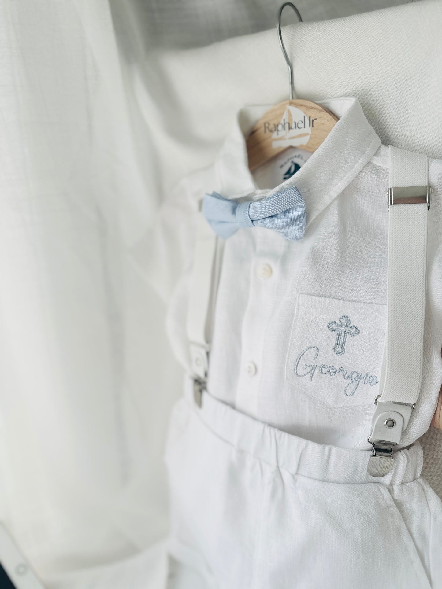 White linen summer Baptism outfit with suspender shorts, shirt, bowtie plus optional extras