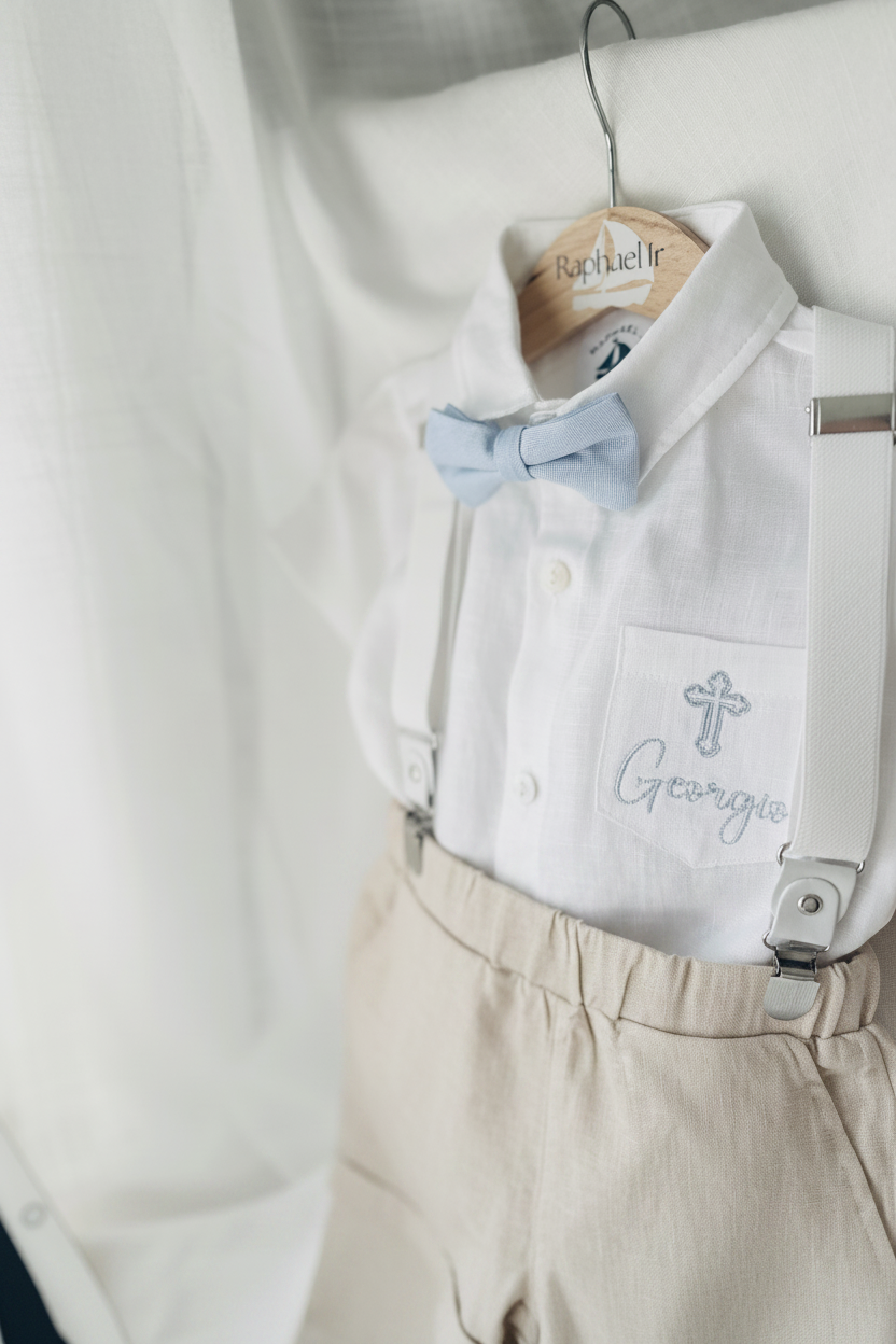 Boys Pale Blue chambray Jacket and beige Linen pants suit