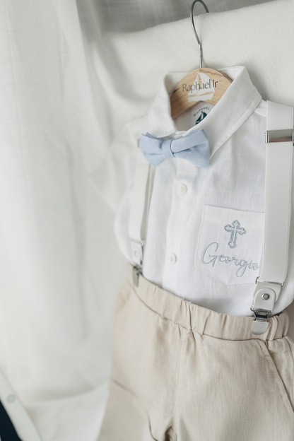 Beige linen pants and shirt set with bowtie and suspenders and optional personalisation