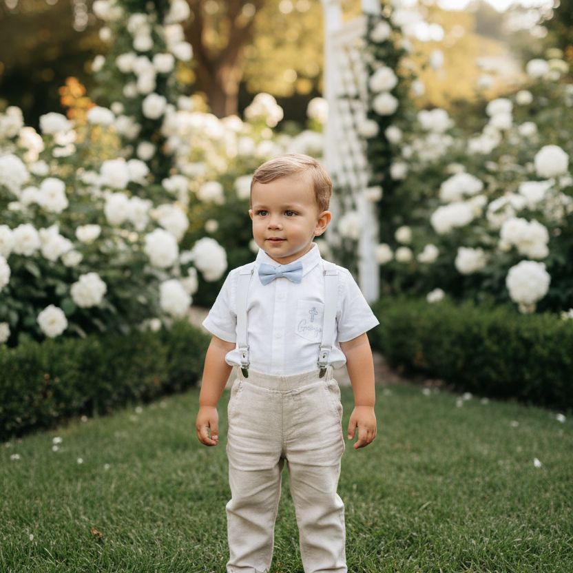 Boys Pale Blue chambray Jacket and beige Linen pants suit