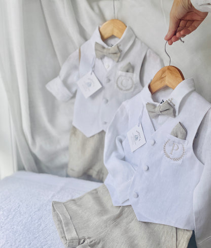 Boys white and beige linen Baptism and Wedding Outfit with vest, shirt, shorts, suspenders and bow tie
