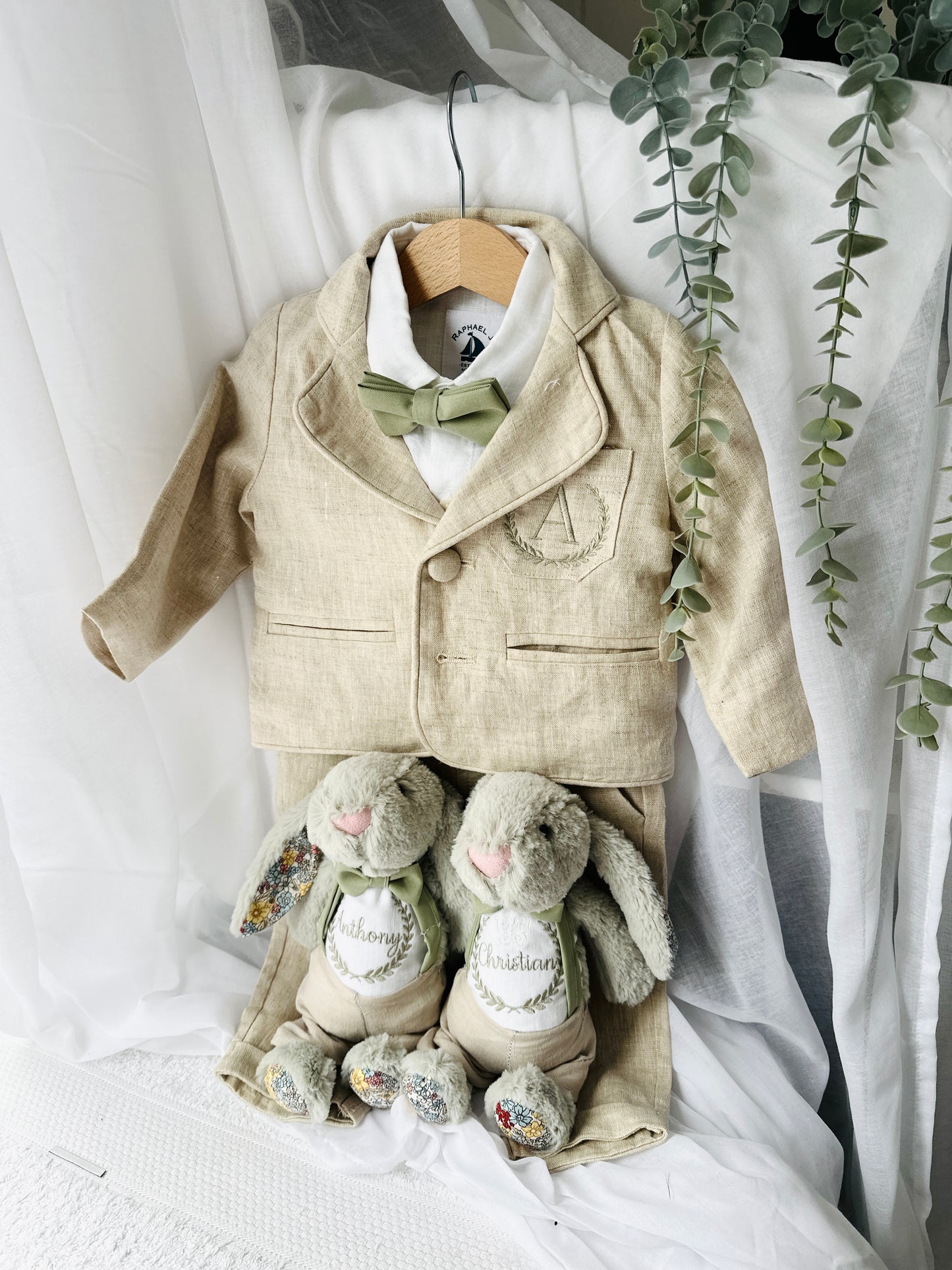 Beige linen pants and shirt set with bowtie and suspenders and optional personalisation