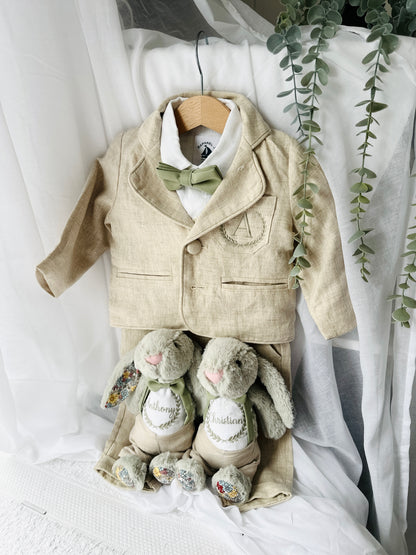 Beige linen pants and shirt set with bowtie and suspenders and optional personalisation