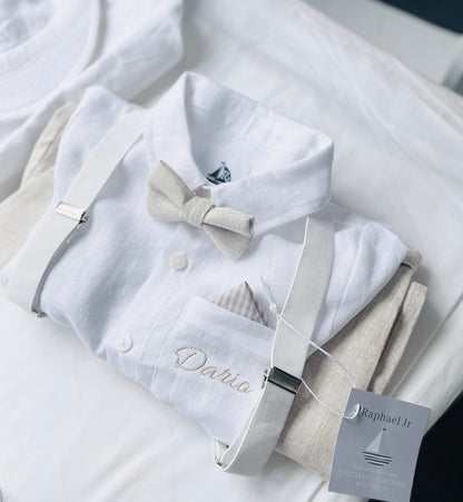 Beige Linen Baptism outfit with suspender shorts, shirt, and bow tie plus optional jacket and embroidery
