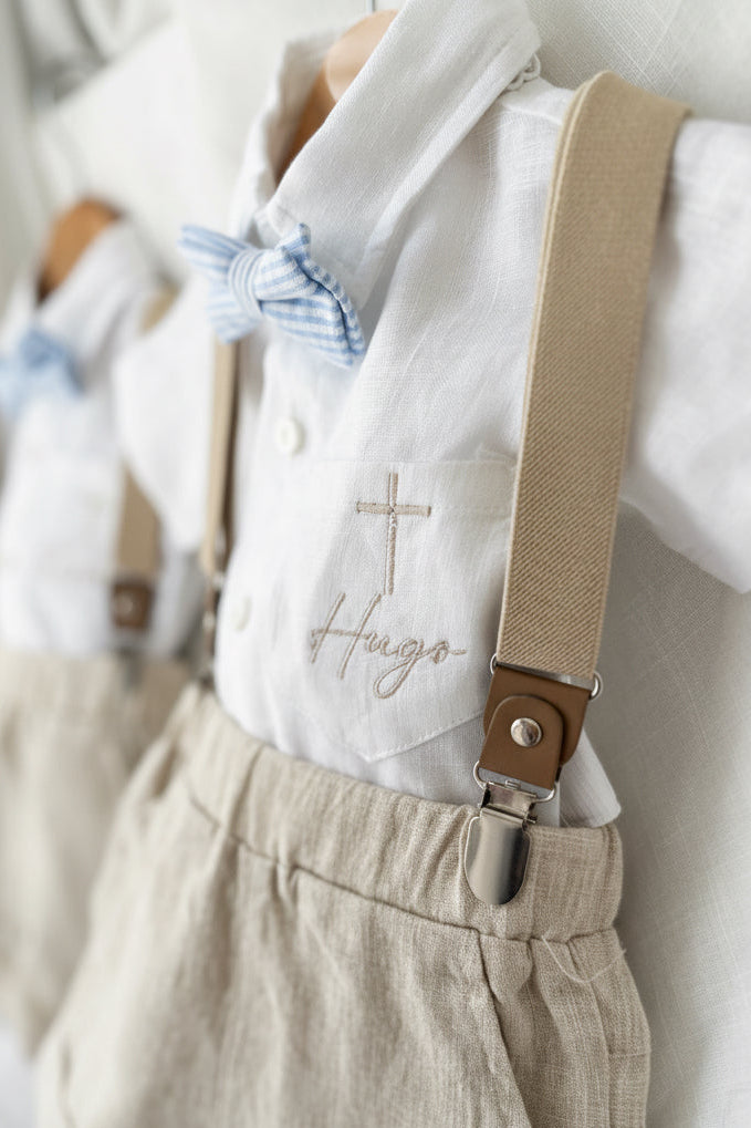 Beige linen pants and shirt set with bowtie and suspenders and optional personalisation