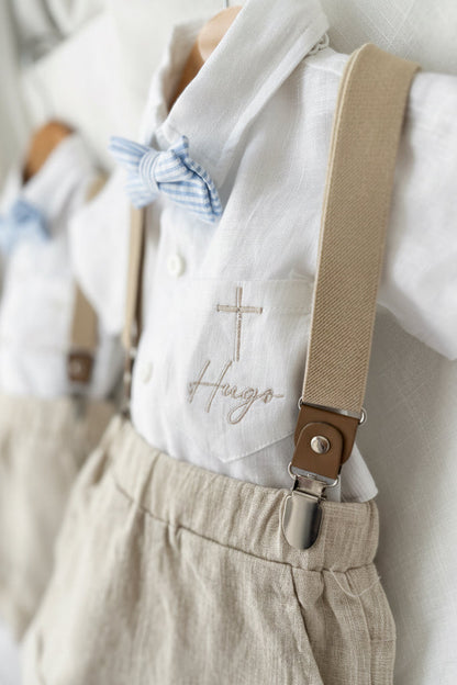 Beige linen pants and shirt set with bowtie and suspenders and optional personalisation