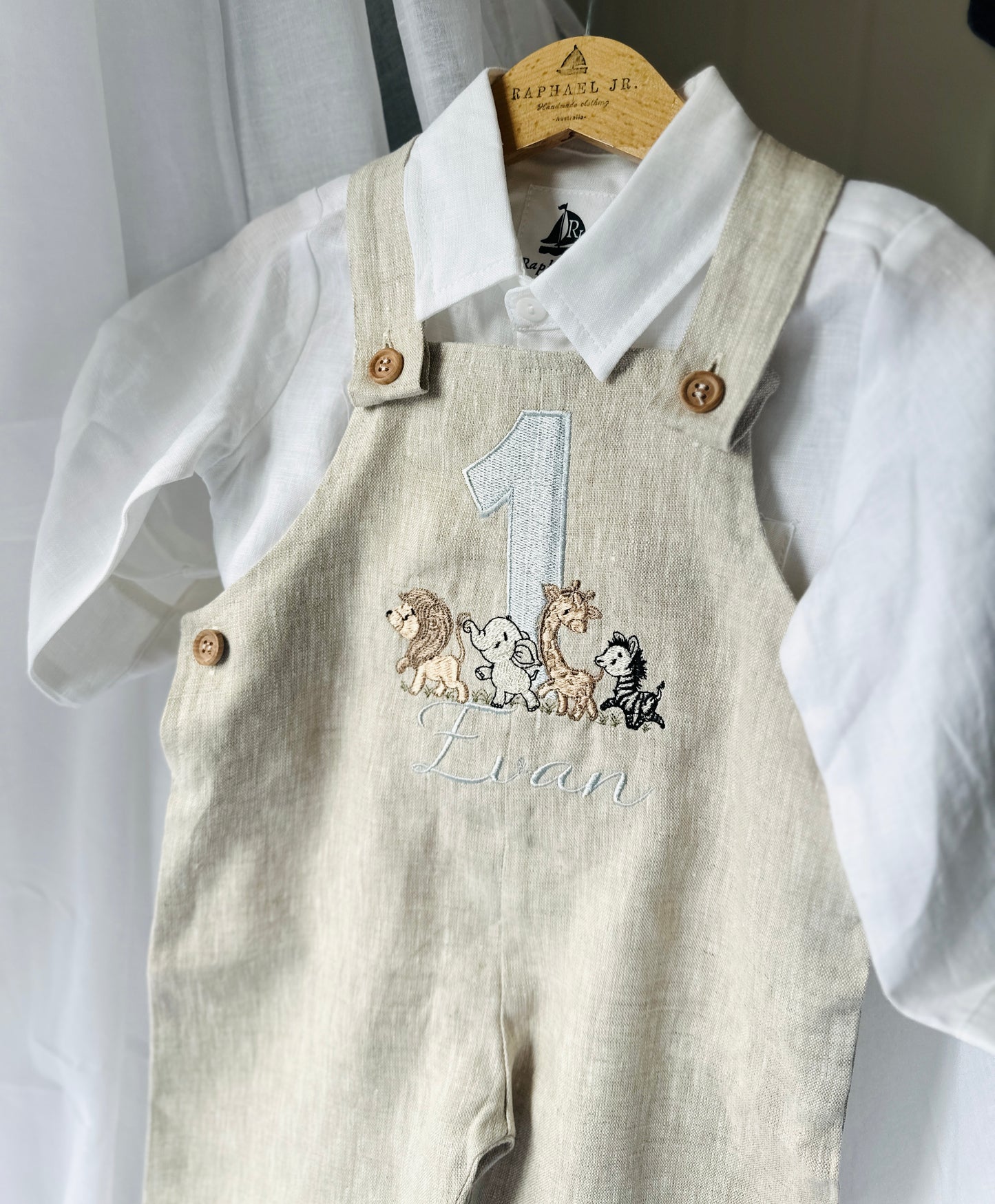 Boys Beige Linen Birthday overalls romper dungarees safari balloon fast car wild sea themes