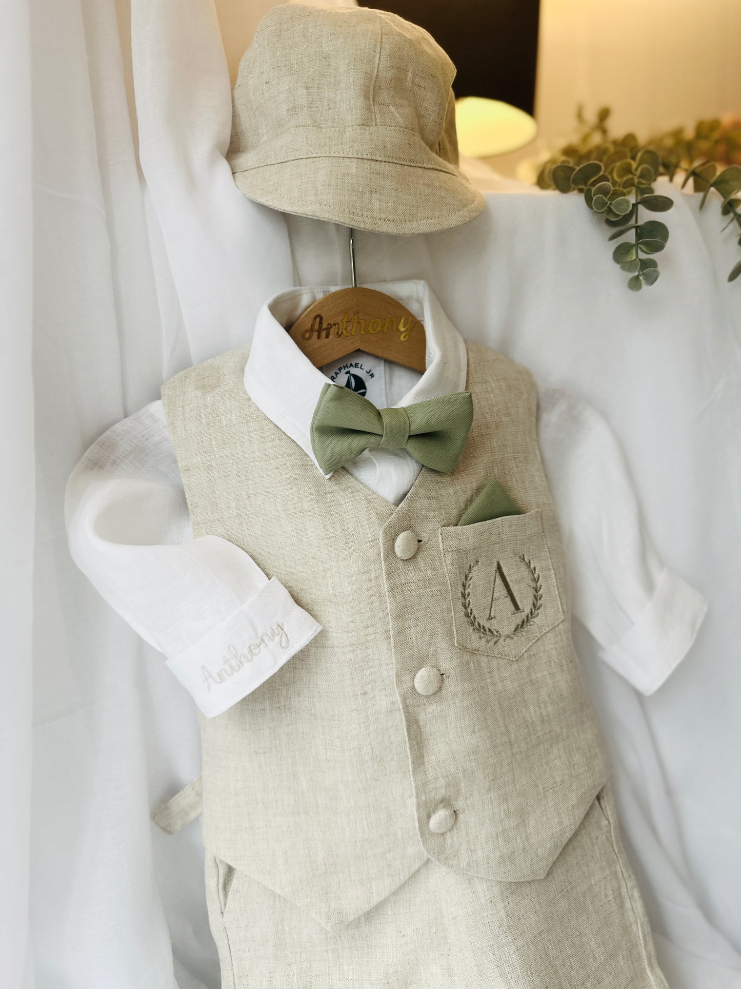 Beige Linen vest suit, shirt, pants, suspenders and bowtie plus optional jacket, cap and shoes