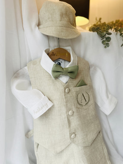 Beige Linen vest suit, shirt, pants, suspenders and bowtie plus optional jacket, cap and shoes