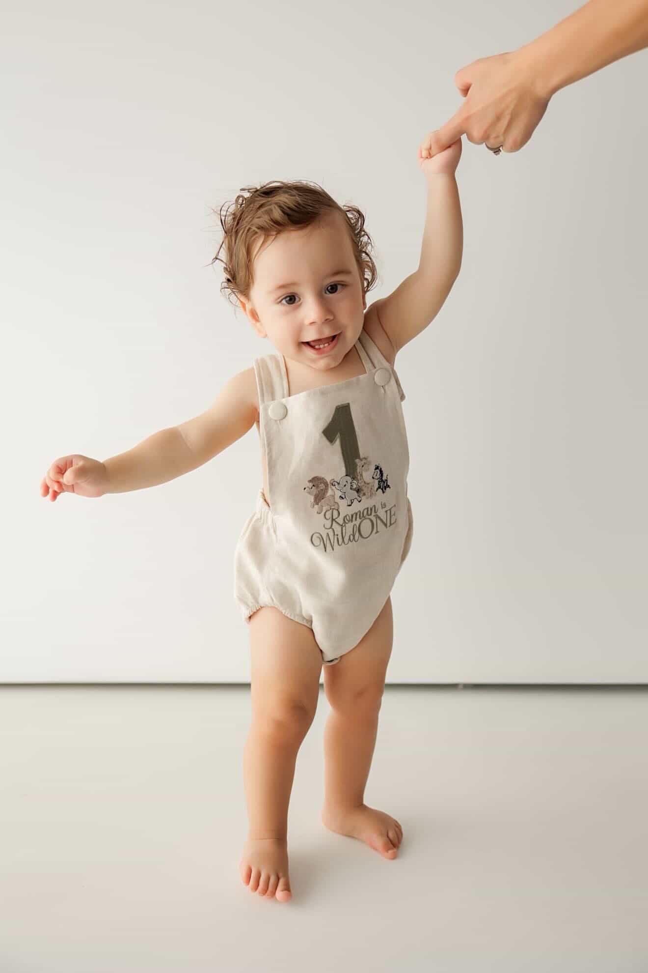 Beige and white linen and cotton baptism romper and linen shirt set