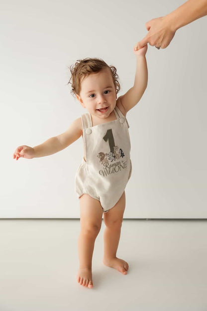 Beige and white linen and cotton baptism romper and linen shirt set