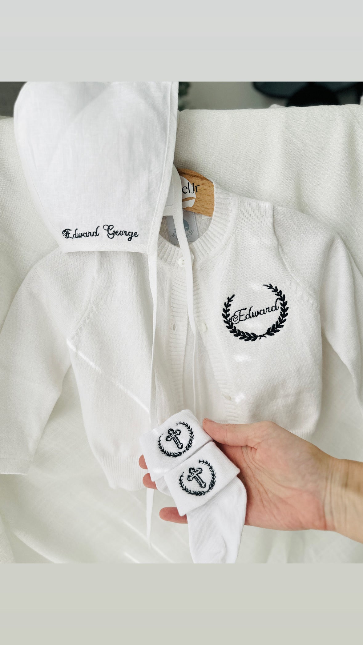 White cotton Baptism christening cardigan sweater with optional embroidery