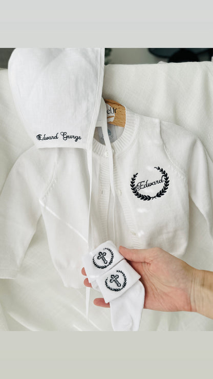 White cotton Baptism christening cardigan sweater with optional embroidery