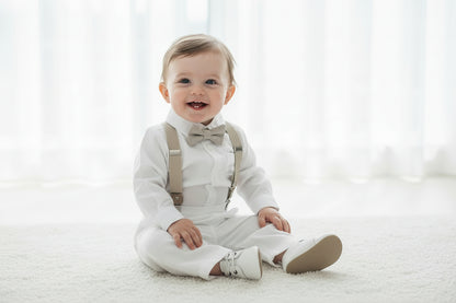 White and Beige Linen Set with optional Jacket Accessories and Embroidery
