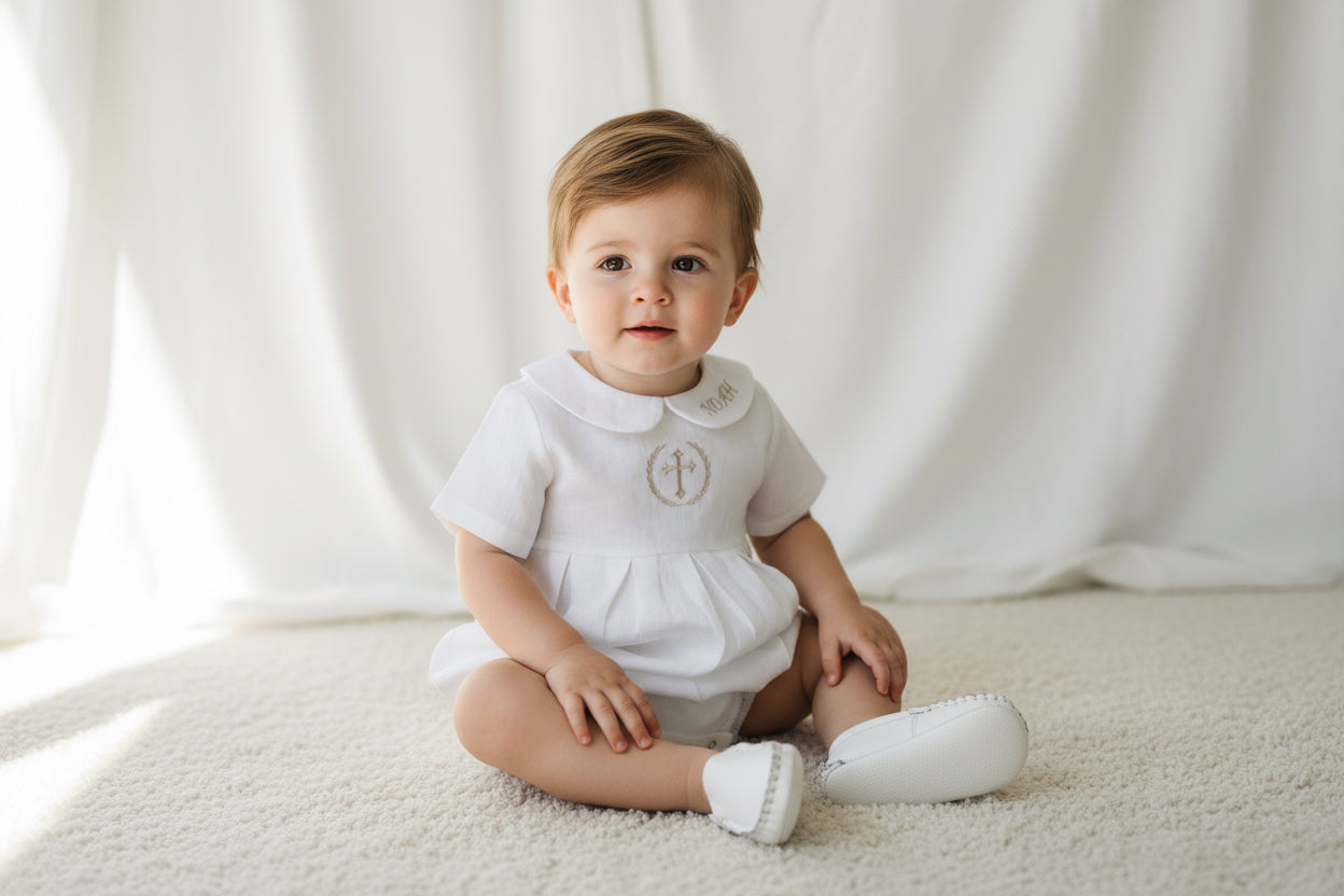 Linen Baptism peter pan collar bubble romper with optional embroidery customisation