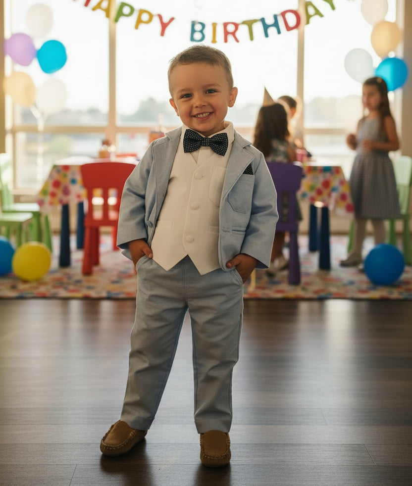 Pale Blue Suit with white linen vest and optional Jacket