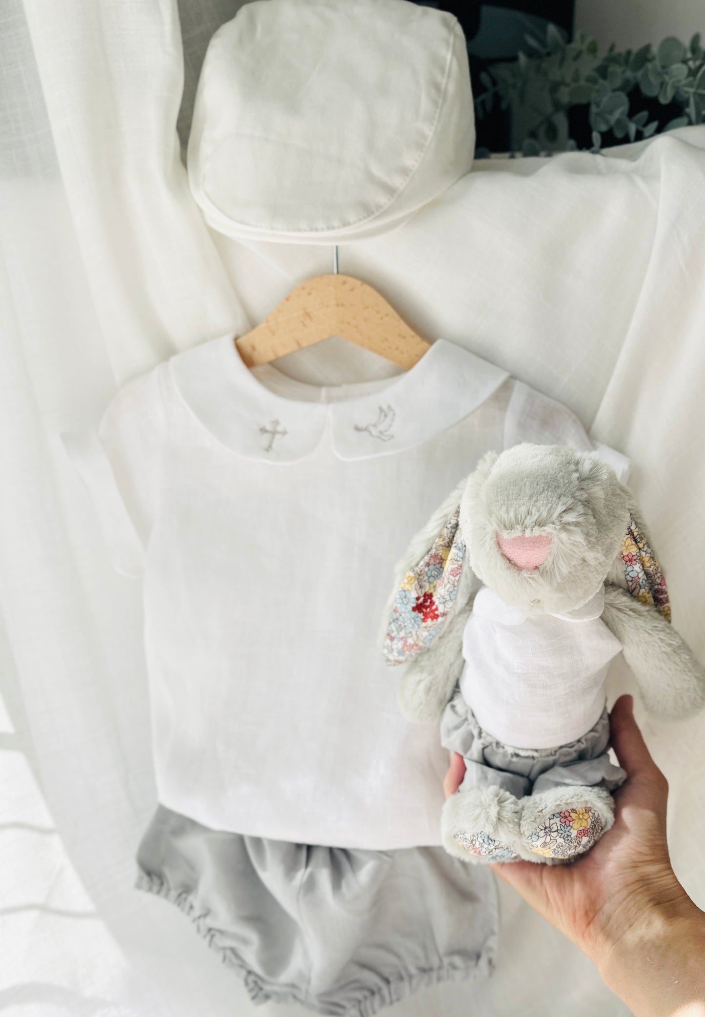 Boys white and grey linen baptism outfit with bloomers and blouse shirt