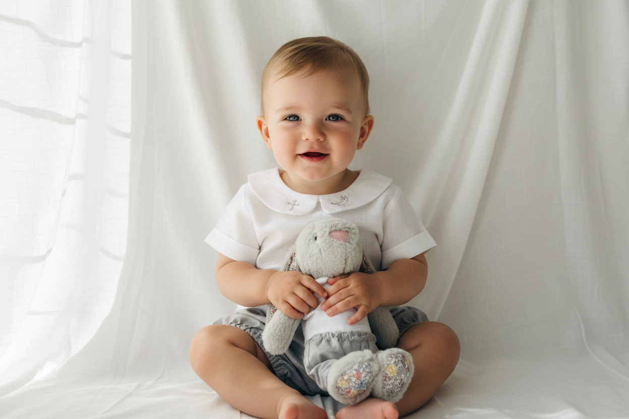 Boys white and grey linen baptism outfit with bloomers and blouse shirt