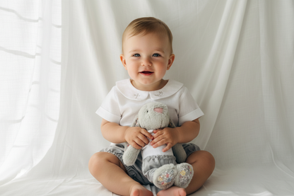 Boys white and grey linen baptism outfit with bloomers and blouse shirt