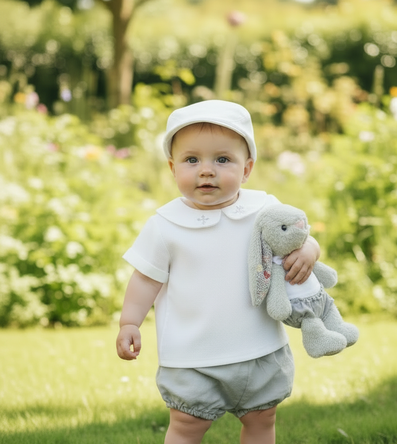Boys white and grey linen baptism outfit with bloomers and blouse shirt