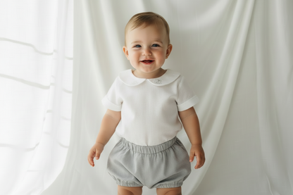 Boys white and grey linen baptism outfit with bloomers and blouse shirt