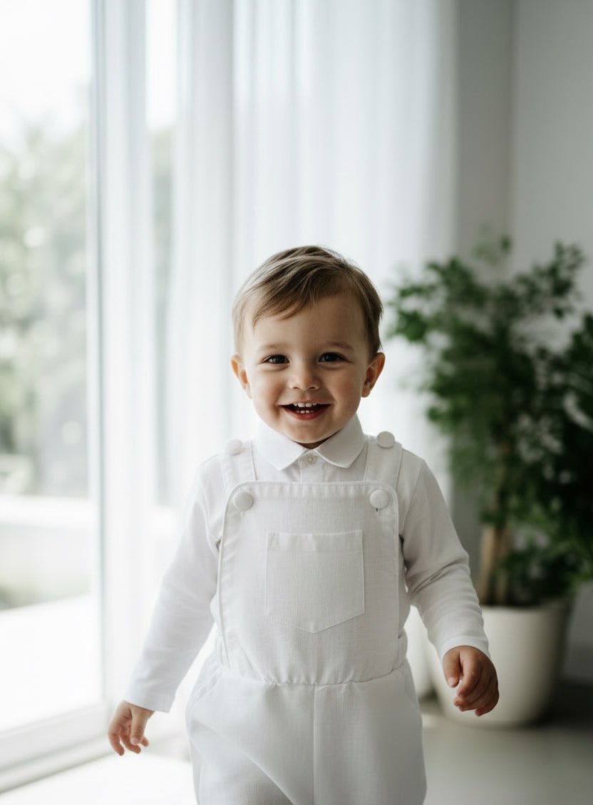 Boys white pure linen overalls suspender shorts with optional shirt and embroidery