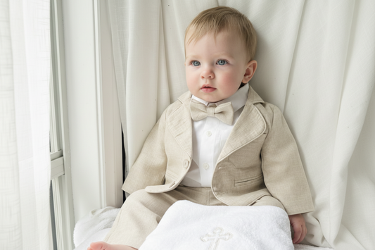 Beige Linen full Baptism Suit with pants, shirt, jacket and accessories