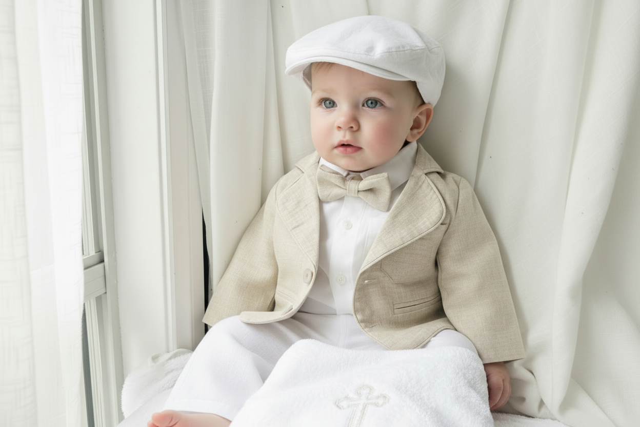 White and Beige Linen Set with optional Jacket Accessories and Embroidery