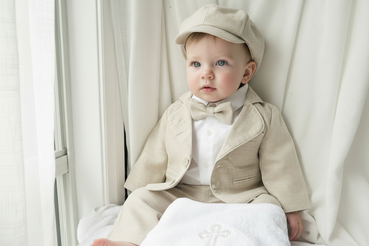 Beige Linen full length suit with pants, shirt, jacket and accessories