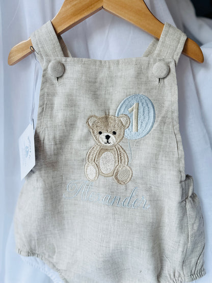 Beige and white linen Birthday and Baptism romper and blouse set