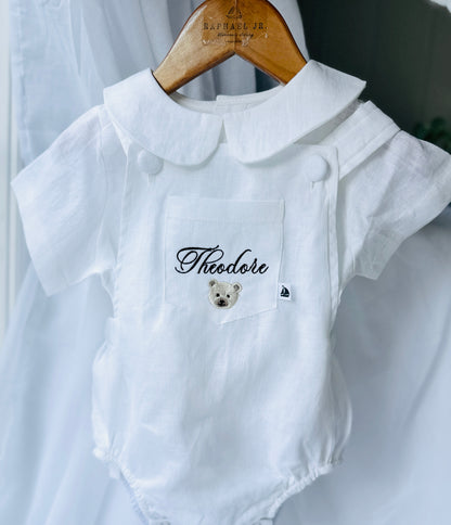 Baby white linen baptism romper overalls and blouse shirt set