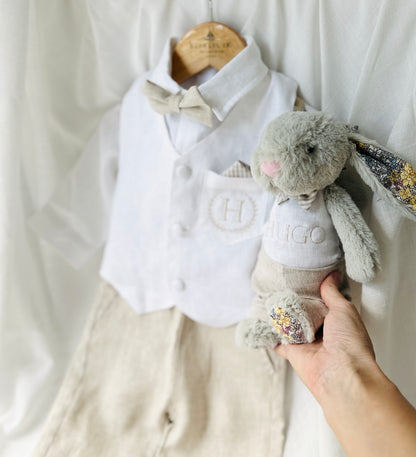 Boys white and beige linen Baptism and Wedding Outfit with vest, shirt, shorts, suspenders and bow tie