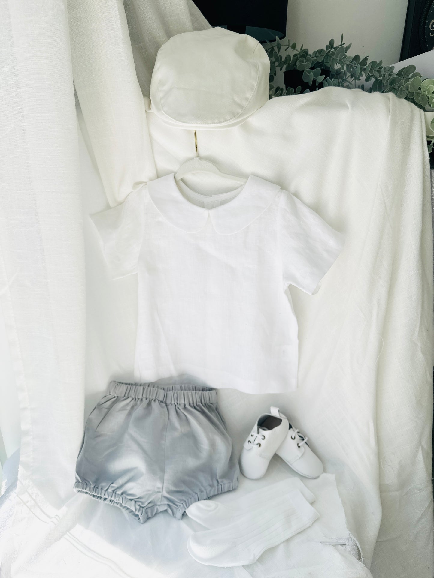 Boys white and grey linen baptism outfit with bloomers and blouse shirt