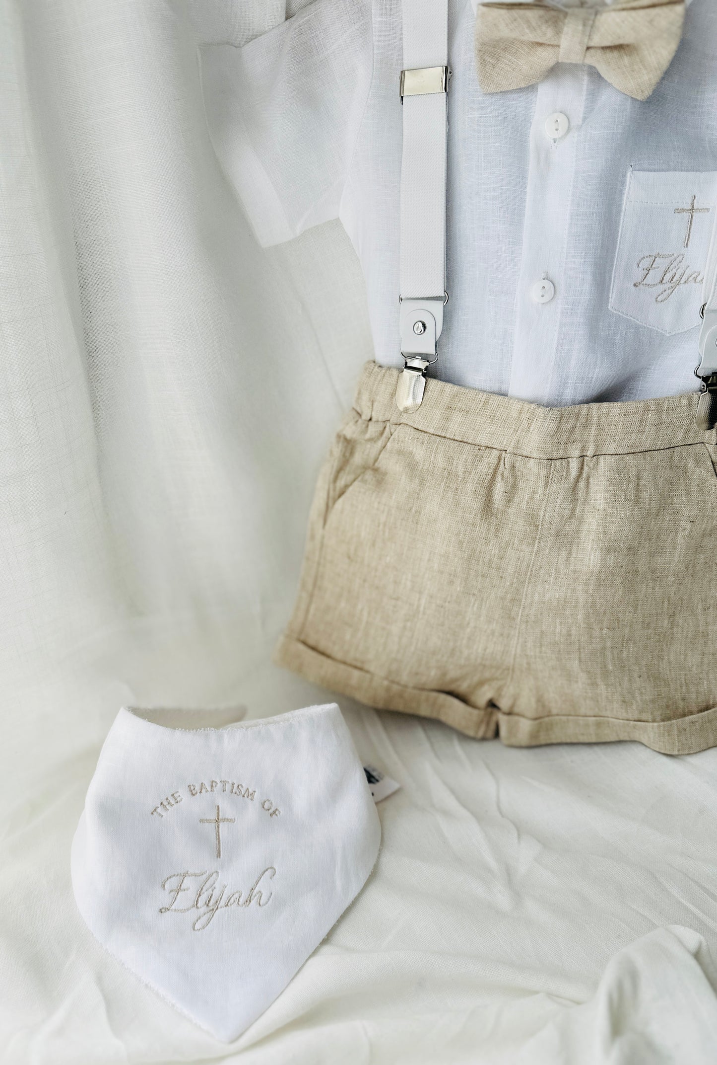 White linen Baptism Christening bib with optional embroidery