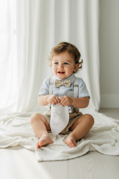 Beige linen pants and shirt set with bowtie and suspenders and optional personalisation