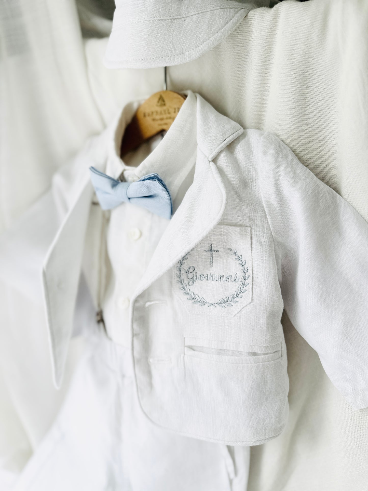 Boys white linen full 5 piece suit with vest, jacket, shirt, pants, suspenders and bow tie plus extras