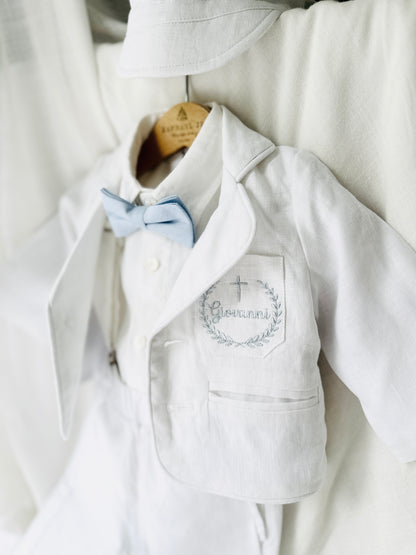Boys white linen full 5 piece suit with vest, jacket, shirt, pants, suspenders and bow tie plus extras