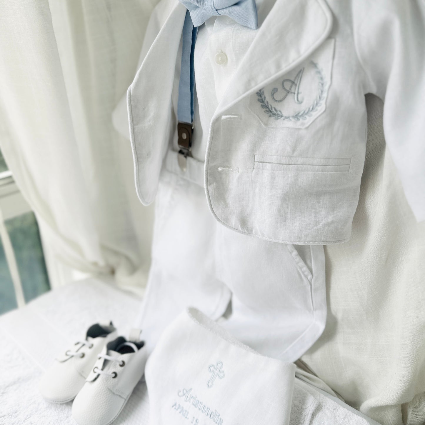 White linen Baptism suit set with pants, shirt, suspenders and bowtie plus optional jacket and extras