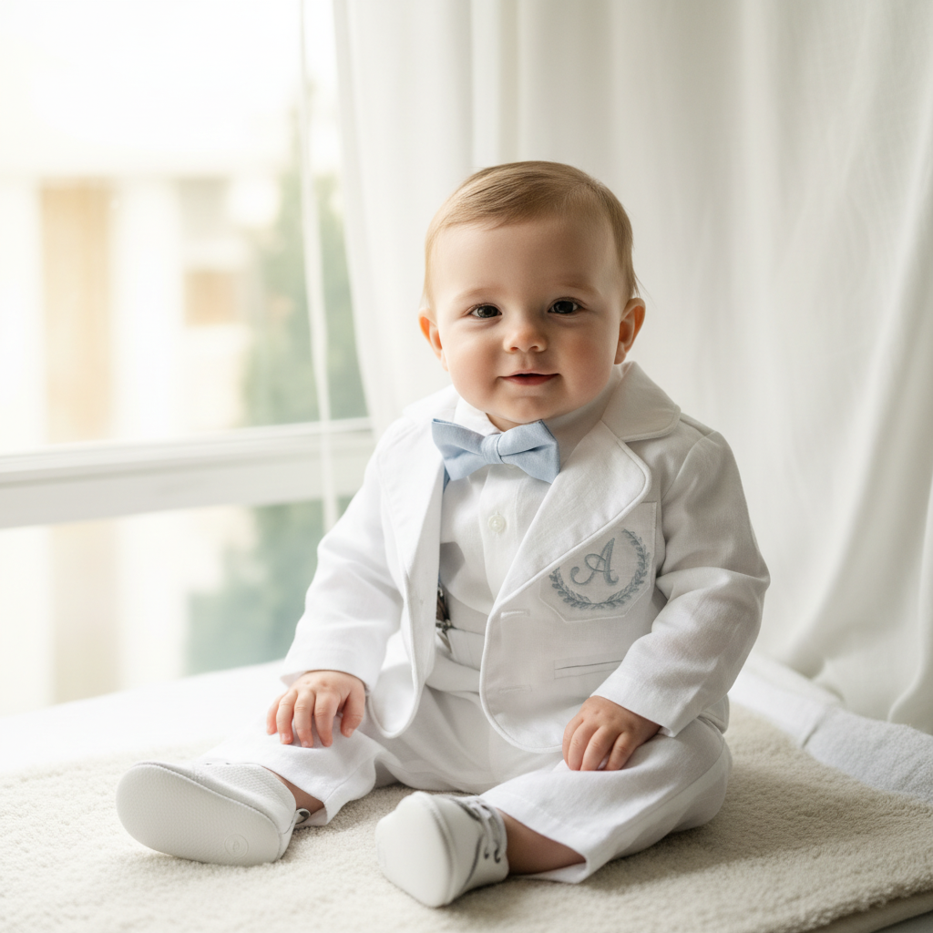 White linen Baptism suit set with pants, shirt, suspenders and bowtie plus optional jacket and extras