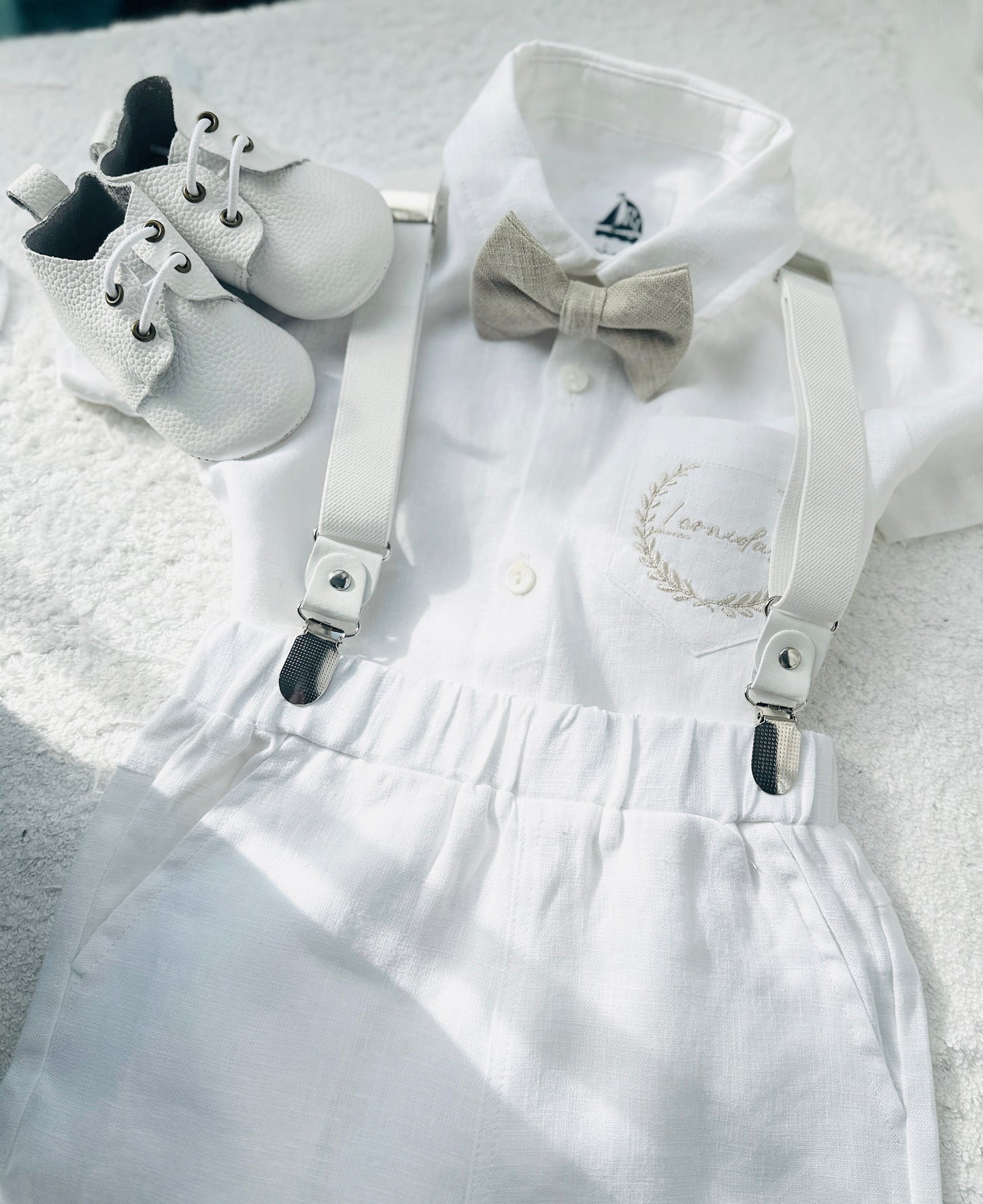 White linen summer Baptism set with shirt shorts suspenders bow tie and optional jacket