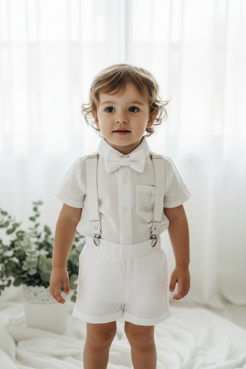 White linen summer Baptism outfit with suspender shorts, shirt, bowtie plus optional extras