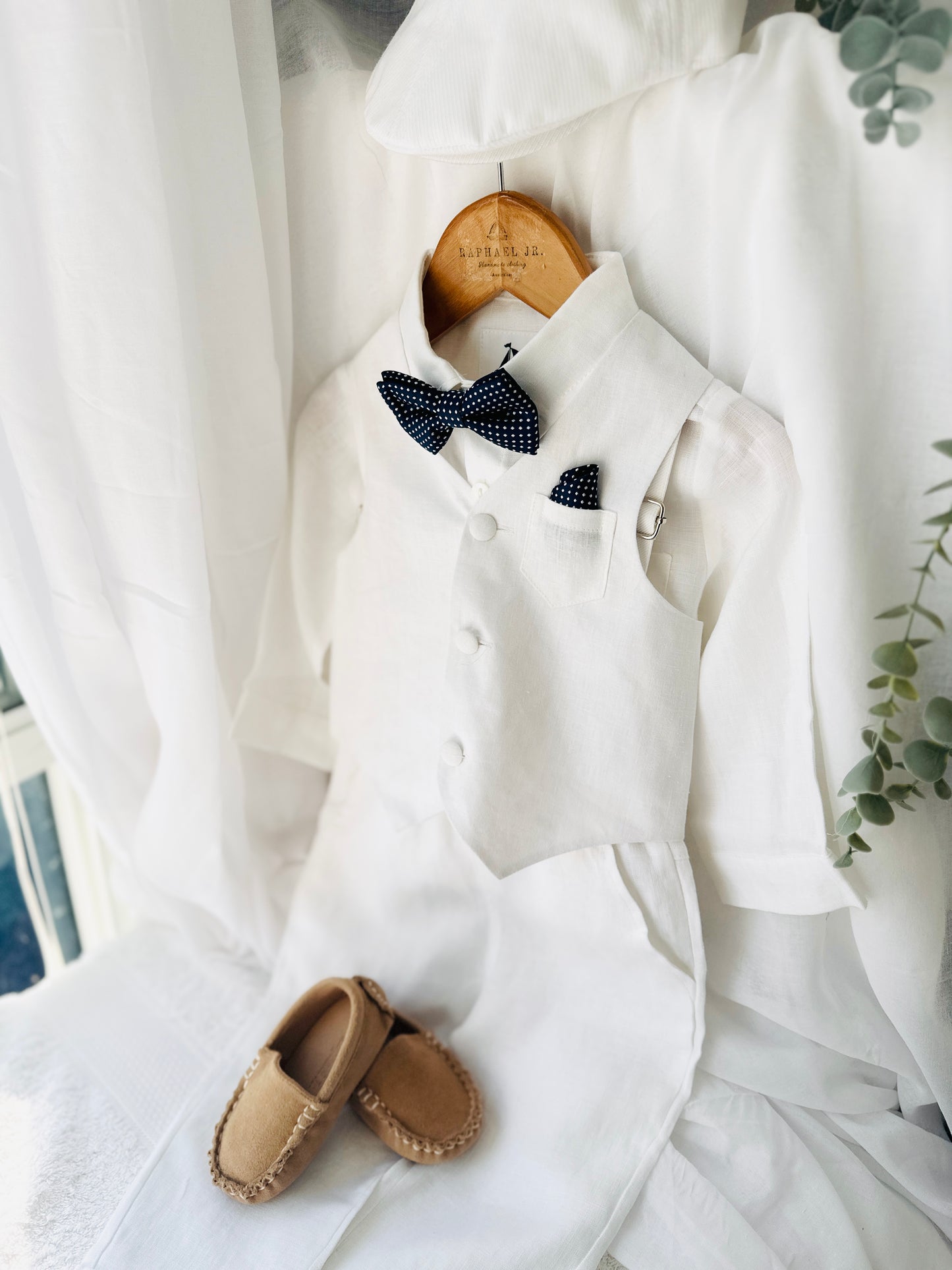 Navy blue and beige formal baptism or wedding suit with accessories and optional personalisation
