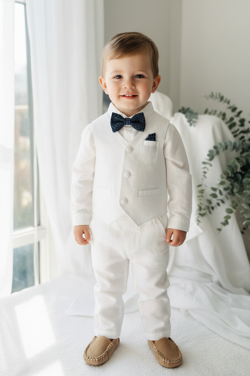 Boys white vest with white linen suit and navy jacket set