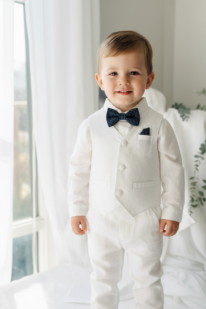 Boys white vest with white linen suit and navy jacket set
