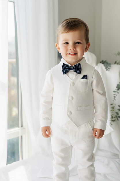 Boys white vest with white linen suit and navy jacket set