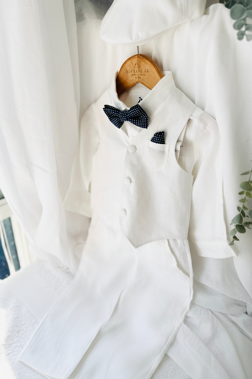 Boys white vest with white linen suit and navy jacket set