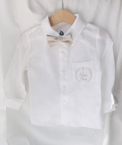 Beige linen pants and shirt set with bowtie and suspenders and optional personalisation