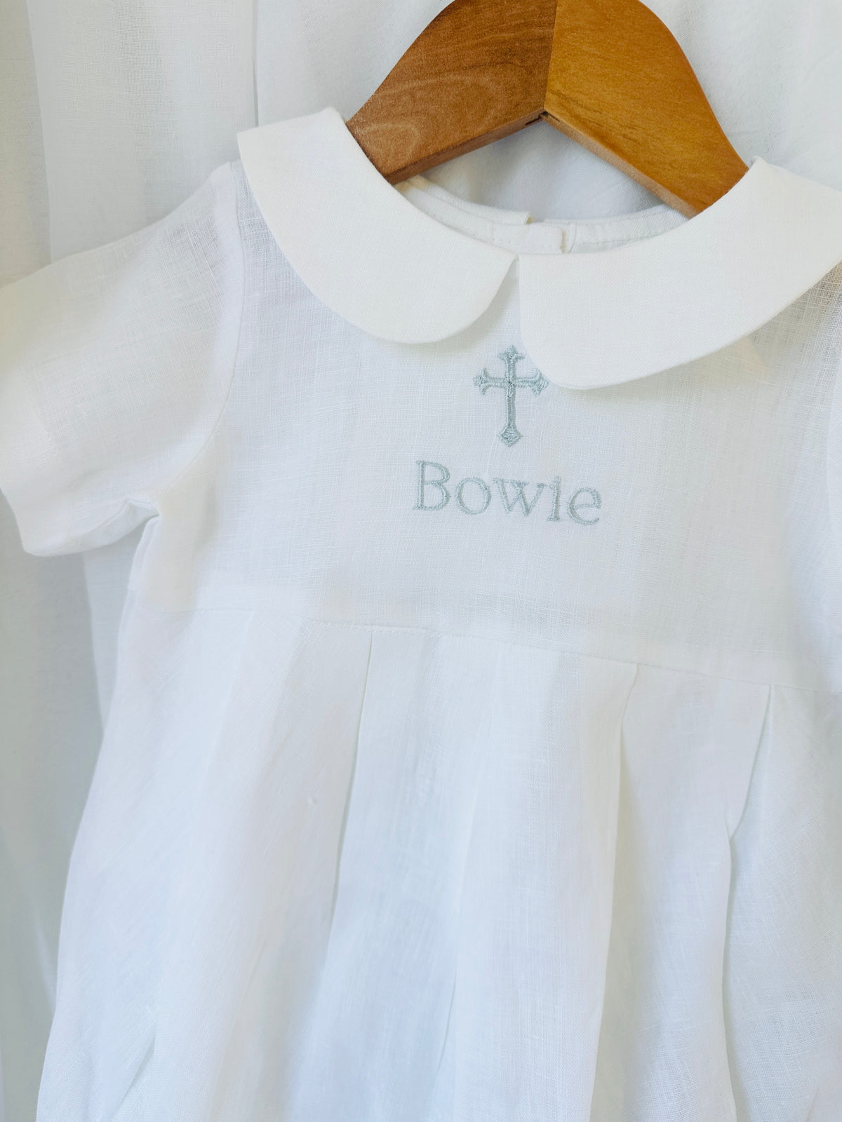 Linen Baptism 3/4 length jumpsuit romper with optional pale blue cardigan