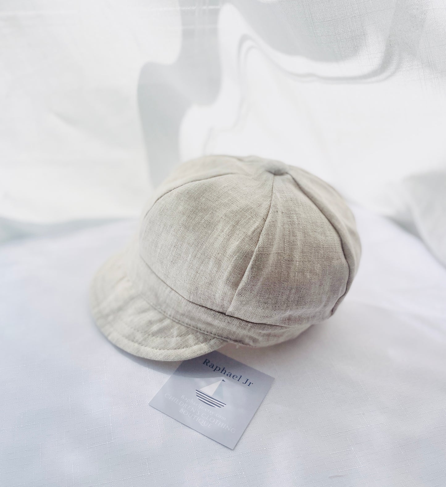 Beige linen baby cap for baptisms and christenings with optional embroidery