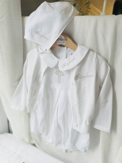 White cotton Baptism christening cardigan sweater with optional embroidery